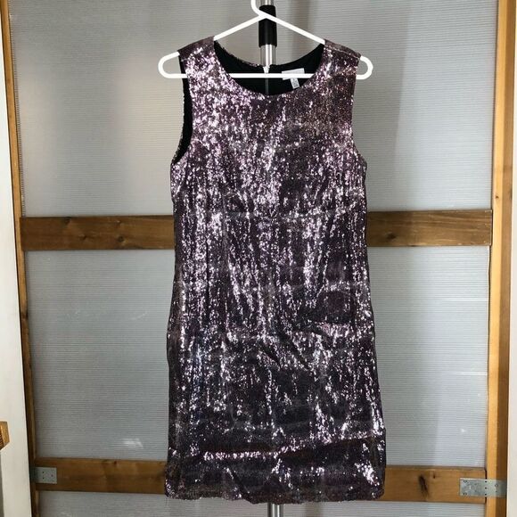 Linea DOMANI Sequin Animal Print Purple Sleeveless Dress Sz 8 /‎ 10 - Picture 2 of 8